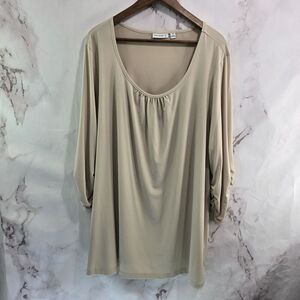 Susan Graver Shirt Womens 3X Nude Tan Neutral Beige Stretch Blouse Ruched